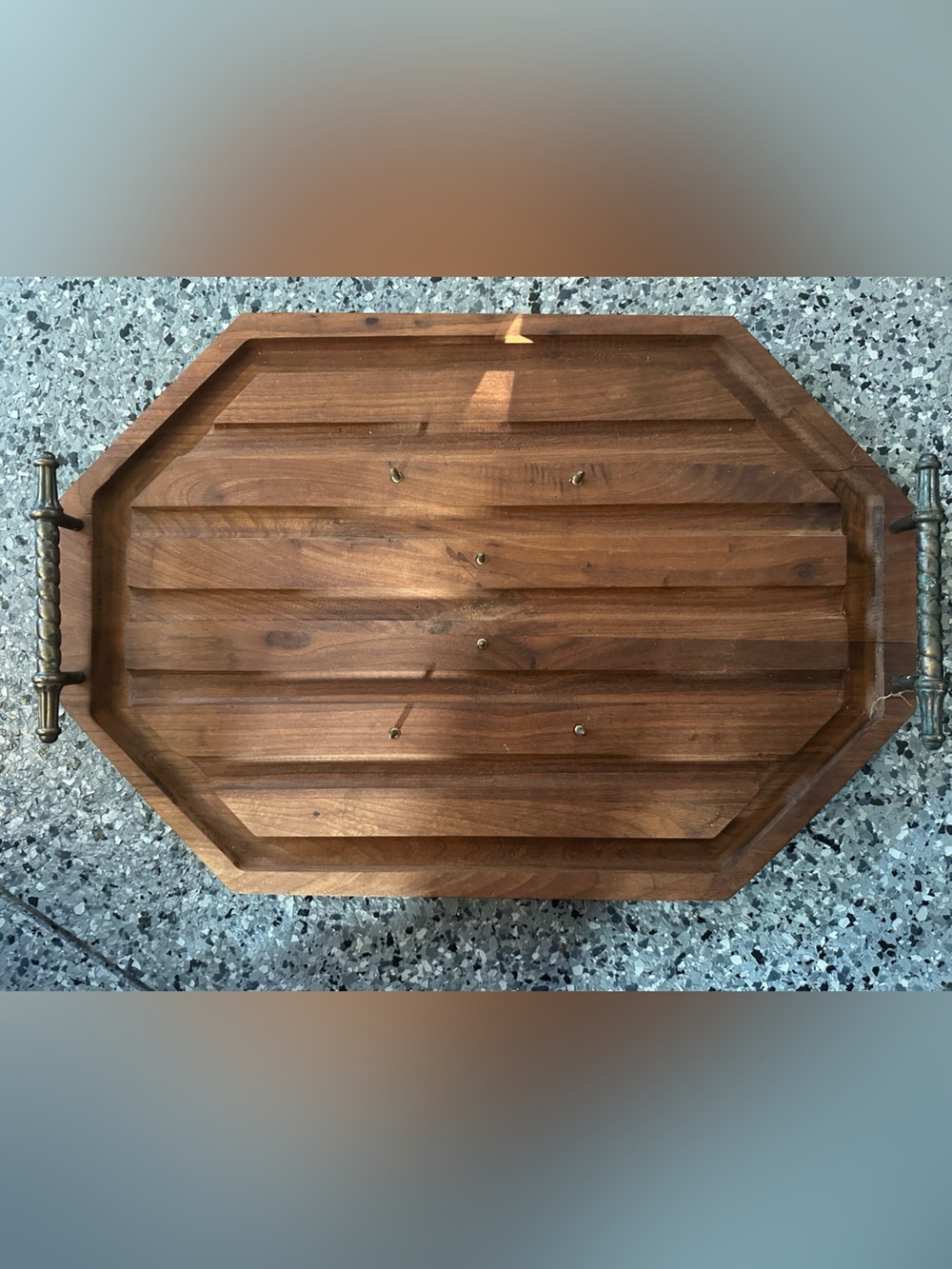 VTG Mid Century Wood Meat Carving Tray with Spikes Juice Grooves Brass Handles